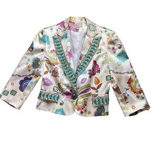 Alberto Makali USA Sz 10 Silk Cropped Floral Print Embellished Blazer 20K